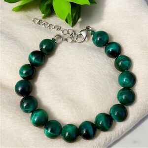 Green Tigers Eye Beaded Stainless Steel Bracelet
